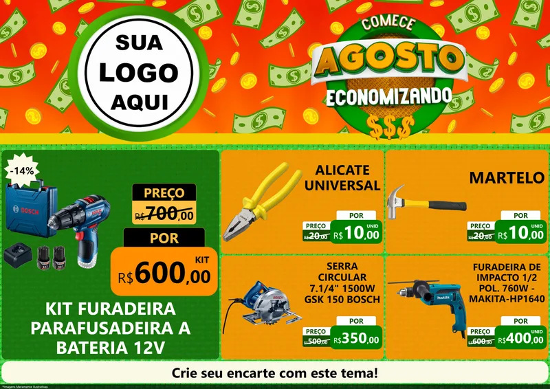 Modelo de Encarte para Encarte A4 Horizontal com o tema Comece Agosto Economizando para Maquinas e Ferramentas