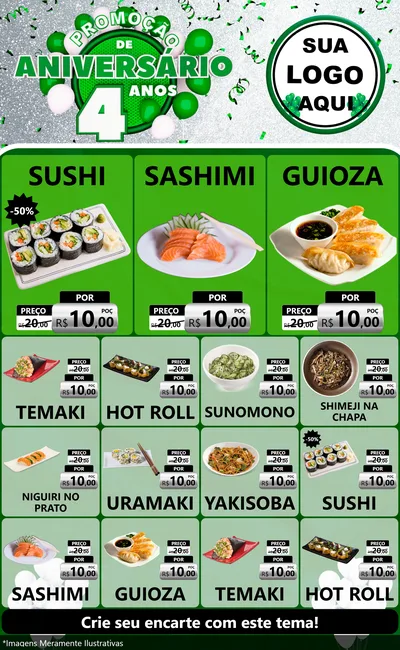 Modelo de Encarte para Encarte Grande com o tema Promoção de Aniversário - 4 Anos para Comida japonesa