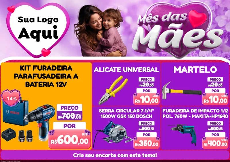Modelo de Encarte para Encarte A4 Horizontal com o tema Mês das Mães para Maquinas e Ferramentas