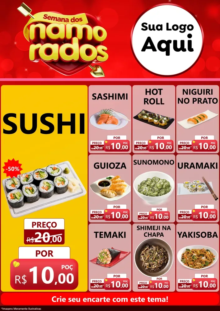 Modelo de Encarte para Encarte A4 Vertical com o tema Semana dos namorados para Comida japonesa
