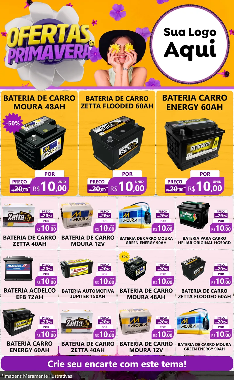 Modelo de Encarte para Encarte Grande com o tema Ofertas Da Primavera para Baterias Elétricas