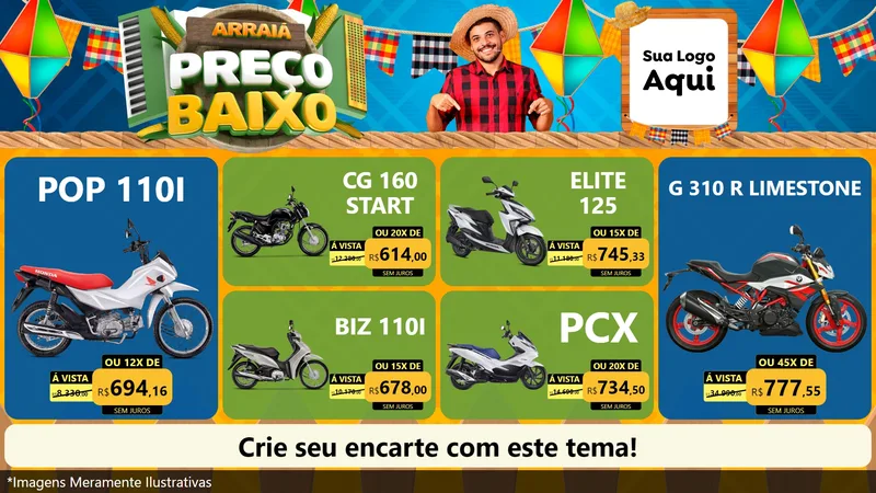 Modelo de TV para TV Horizontal com o tema Arraiá de Preço Baixo - Junina para Concessionaria de Motos