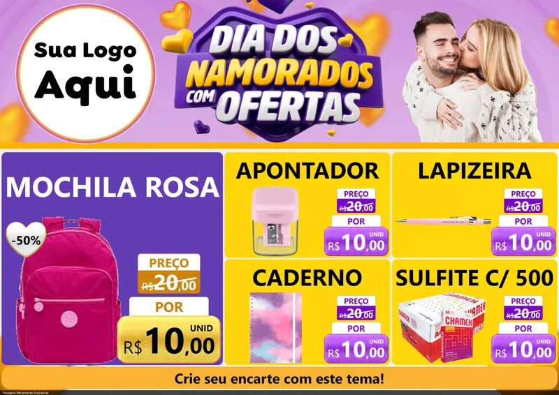 Modelo de Encarte para Encarte A4 Horizontal com o tema Dia Dos Namorados Com Ofertas para Papelaria