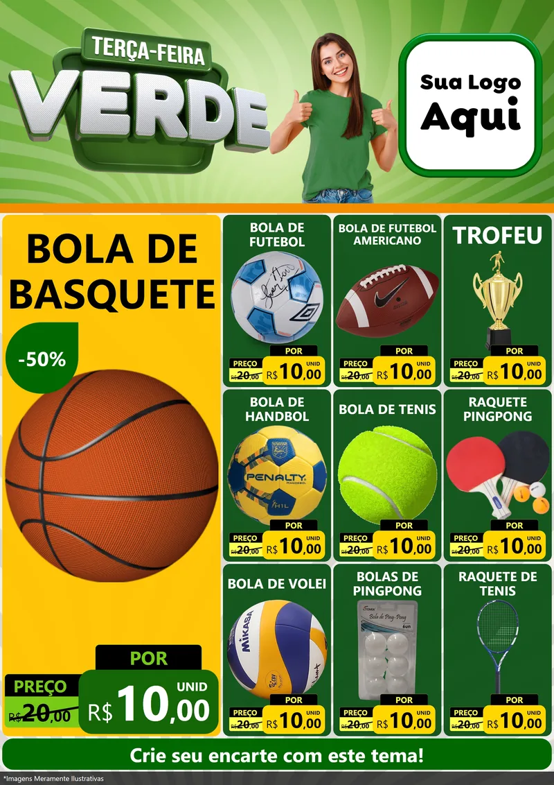 Modelo de Encarte para Encarte A4 Vertical com o tema Terça - Feira Verde para Artigos Esportivos