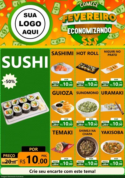 Modelo de Encarte para Encarte A4 Vertical com o tema Comece Fevereiro Economizando para Comida japonesa