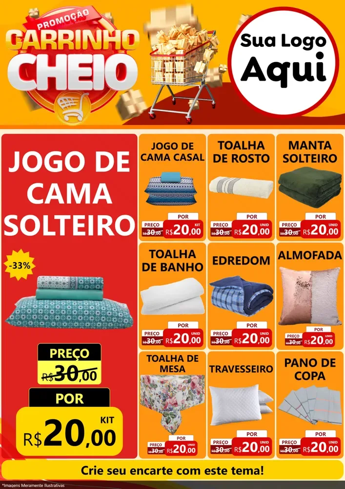 Modelo de Encarte para Encarte A4 Vertical com o tema Promoção carrinho cheio para Cama, Mesa e Banho