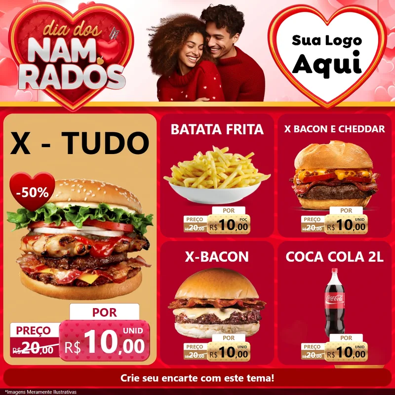 Modelo de Rede Social para Feed Facebook com o tema Dia dos Namorados para Hamburgueria
