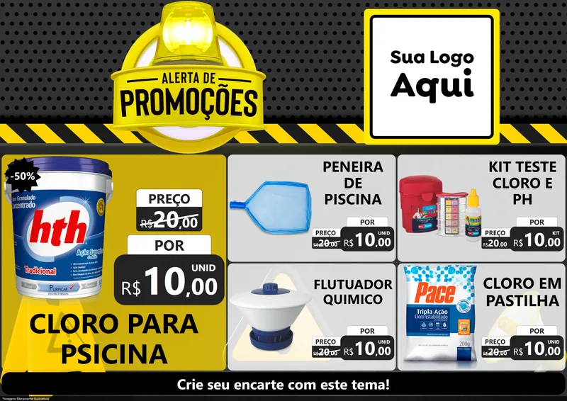 Modelo de Encarte para Encarte A4 Horizontal com o tema Alerta de Promoções para Produtos para Piscina