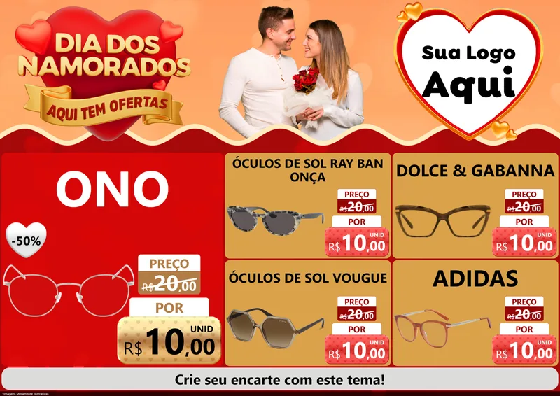 Modelo de Encarte para Encarte A4 Horizontal com o tema Dia dos Namorados - Aqui Tem Ofertas para Óticas