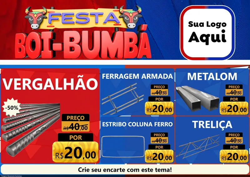 Modelo de Encarte para Encarte A4 Horizontal com o tema Festa Boi Bumbá para Ferragens