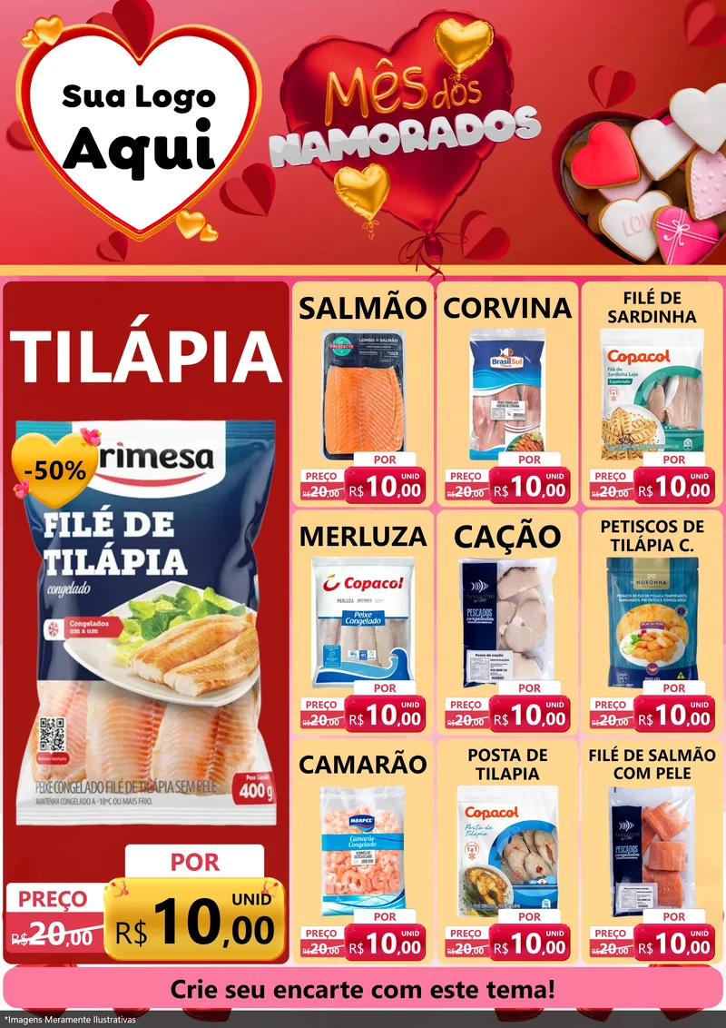 Modelo de Encarte para Encarte A4 Vertical com o tema Mês dos Namorados para Peixaria