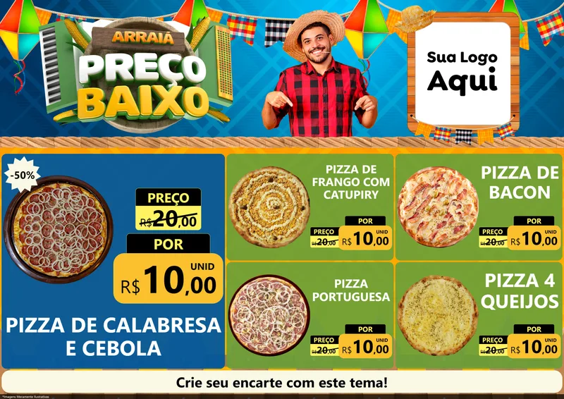 Modelo de Encarte para Encarte A4 Horizontal com o tema Arraiá de Preço Baixo - Junina para Pizzaria
