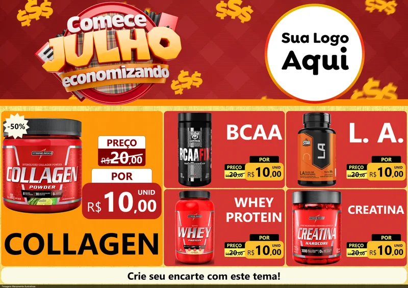 Modelo de Encarte para Encarte A4 Horizontal com o tema Comece Julho Economizando para Suplementos alimentares
