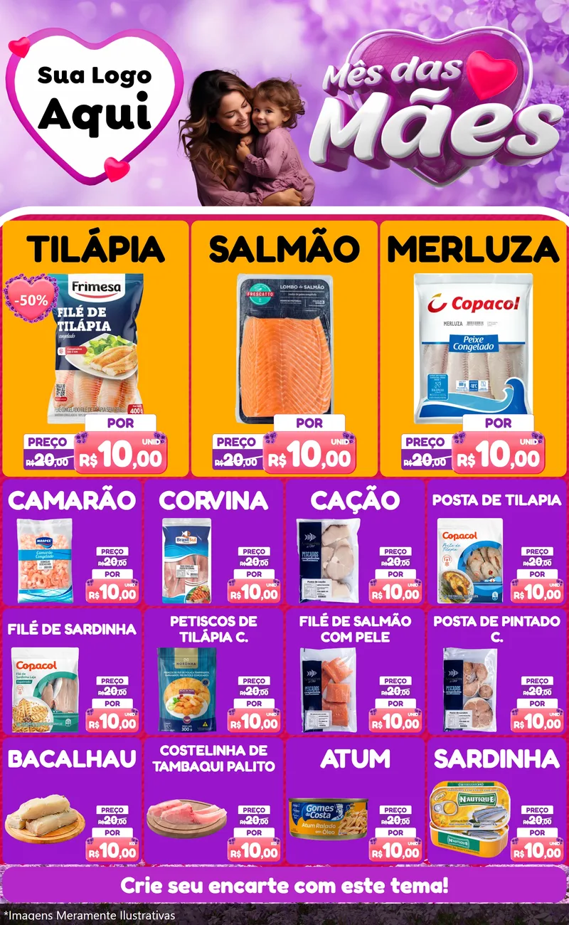 Modelo de Encarte para Encarte Grande com o tema Mês das Mães para Peixaria
