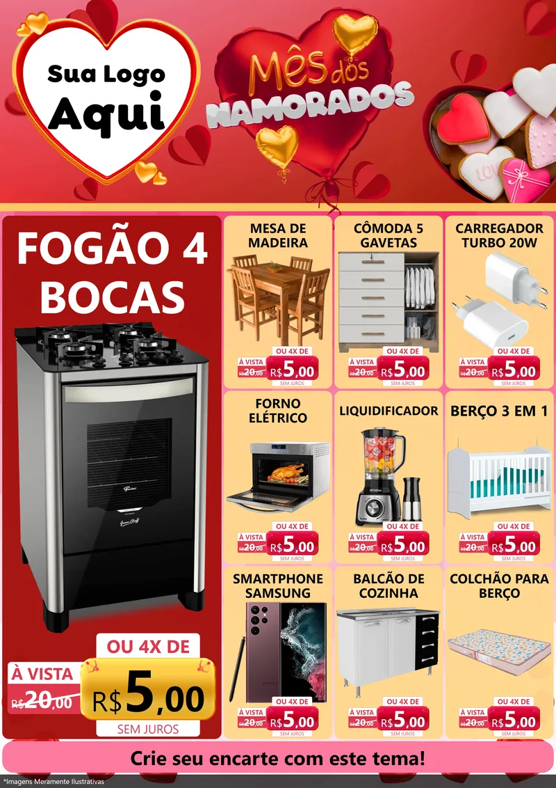 Modelo de Encarte para Encarte A4 Vertical com o tema Mês dos Namorados para Móveis e Eletro
