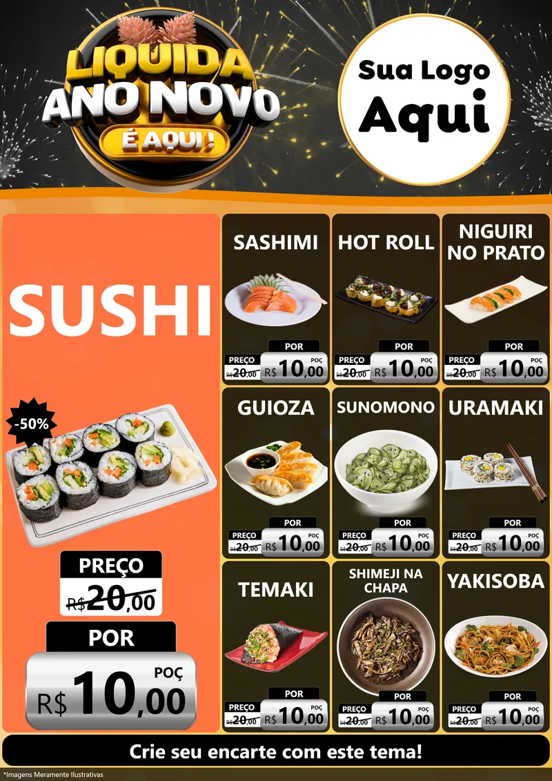 Modelo de Encarte para Encarte A4 Vertical com o tema Liquida Ano Novo É Aqui! para Comida japonesa