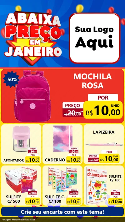 Modelo de Rede Social para Stories com o tema Abaixa Preço em Janeiro para Papelaria