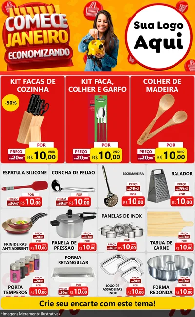 Modelo de Encarte para Encarte Grande com o tema Comece Janeiro Economizando para Utilidades Domésticas
