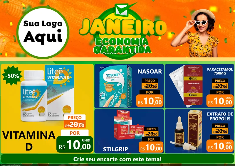 Modelo de Encarte para Encarte A4 Horizontal com o tema Janeiro - Economia Garantida para Farmácia