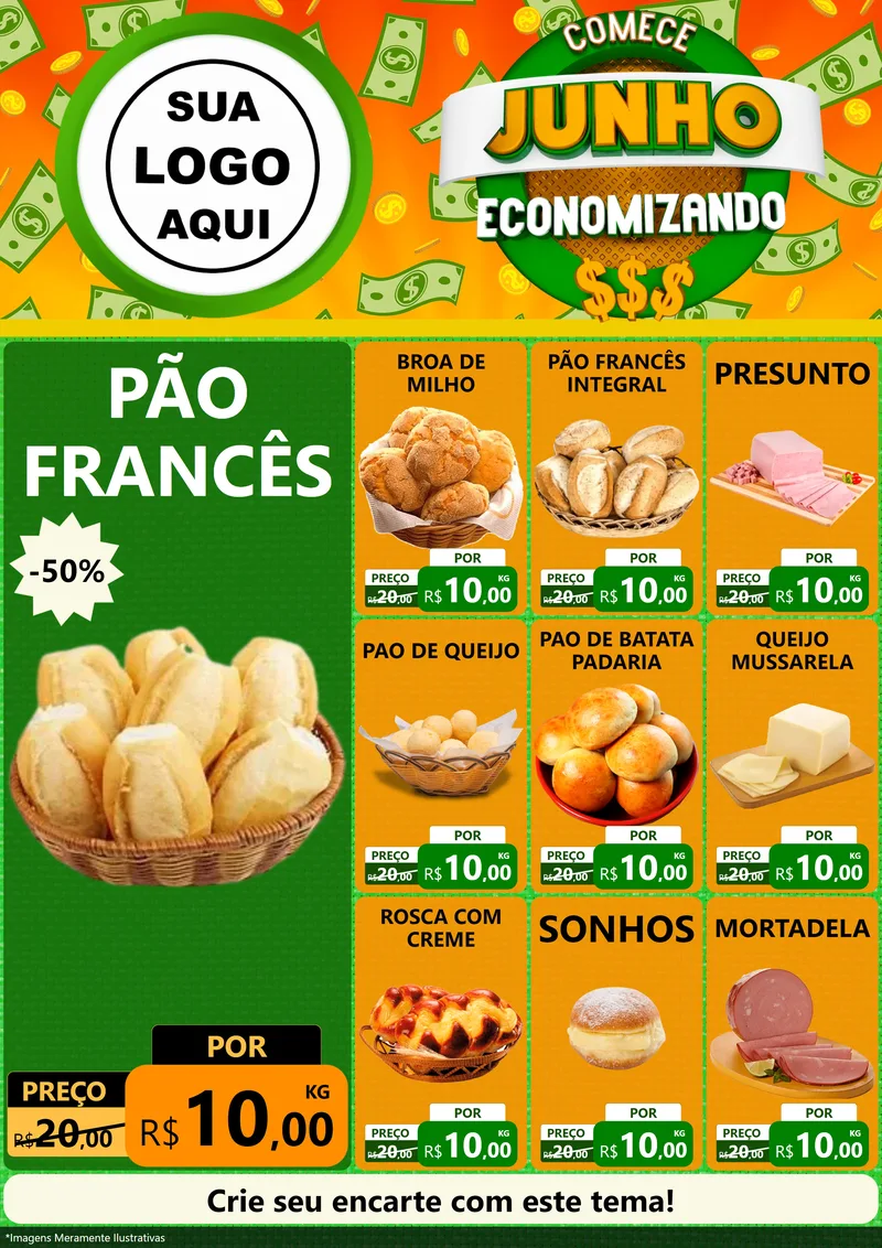 Modelo de Encarte para Encarte A4 Vertical com o tema Comece Junho Economizando para Padaria