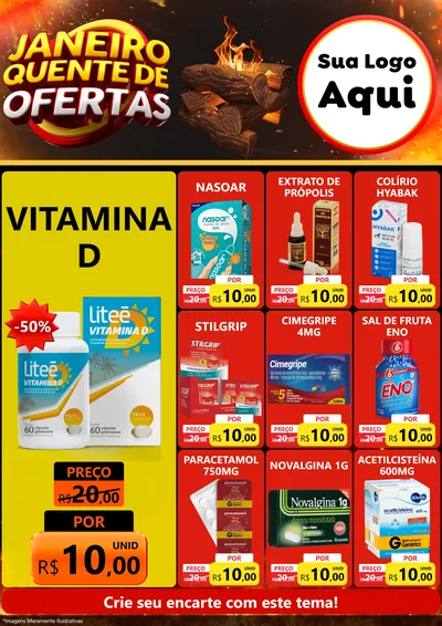 Modelo de Encarte para Encarte A4 Vertical com o tema Janeiro Quente de Ofertas para Farmácia