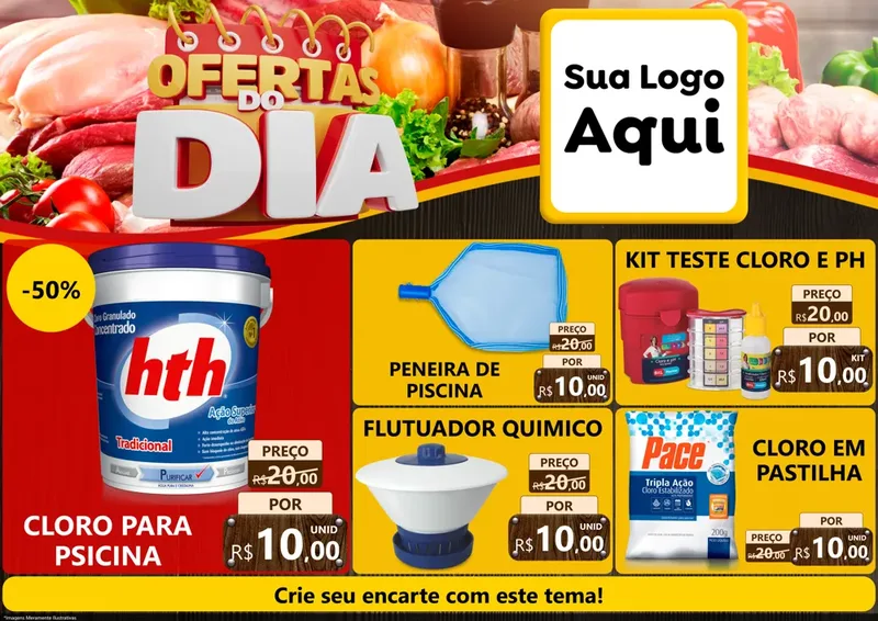 Modelo de Encarte para Encarte A4 Horizontal com o tema Ofertas do Dia para Produtos para Piscina