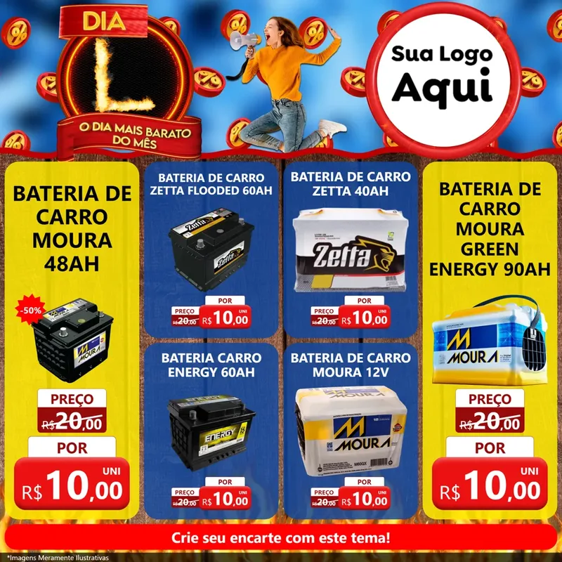 Modelo de Rede Social para Feed Facebook com o tema Dia L - O Dia Mais Barato Do Mês para Baterias Elétricas