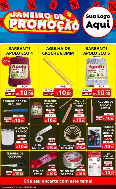 Modelo de Encarte para Encarte Grande com o tema Janeiro de Promoção para Armarinho e Aviamentos