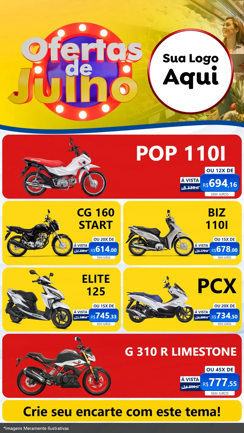 Modelo de TV para TV Vertical com o tema Ofertas de Julho para Concessionaria de Motos