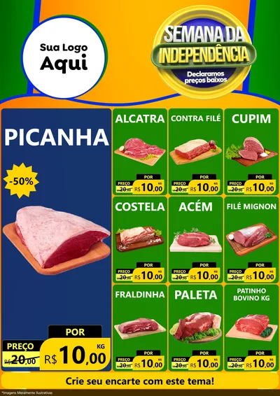 Modelo de Encarte para Encarte A4 Vertical com o tema Semana da Independência Declaramos Preços Baixos para Açougue