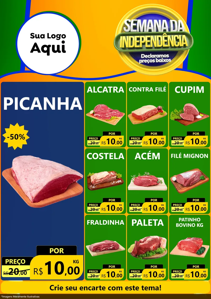 Modelo de Encarte para Encarte A4 Vertical com o tema Semana da Independência Declaramos Preços Baixos para Açougue
