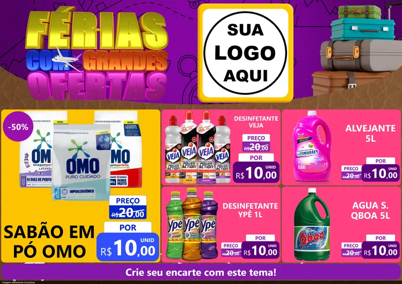 Modelo de Encarte para Encarte A4 Horizontal com o tema Férias com Grandes Ofertas para Produtos de Limpeza