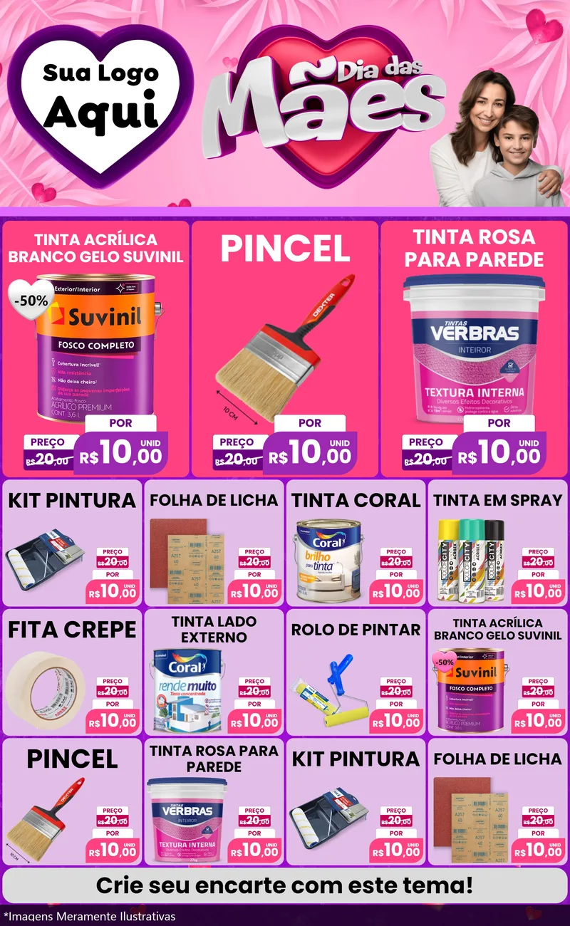 Modelo de Encarte para Encarte Grande com o tema Dia das Mães para Tintas e Ferramentas