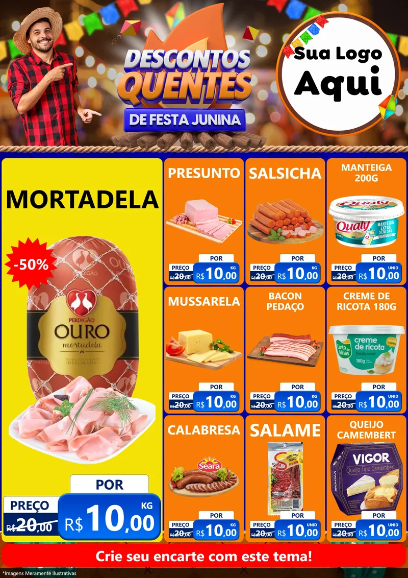 Modelo de Encarte para Encarte A4 Vertical com o tema Descontos Quentes de Festa Junina para Frios e Laticínios
