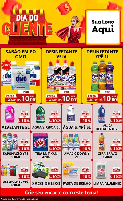 Modelo de Encarte para Encarte Grande com o tema Dia do Cliente para Produtos de Limpeza