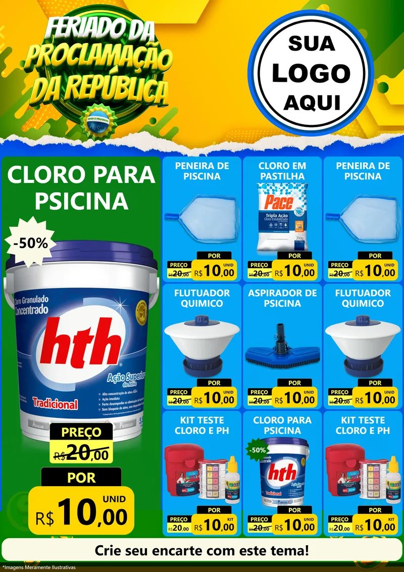 Modelo de Encarte para Encarte A4 Vertical com o tema Feriado da Proclamação da República para Produtos para Piscina