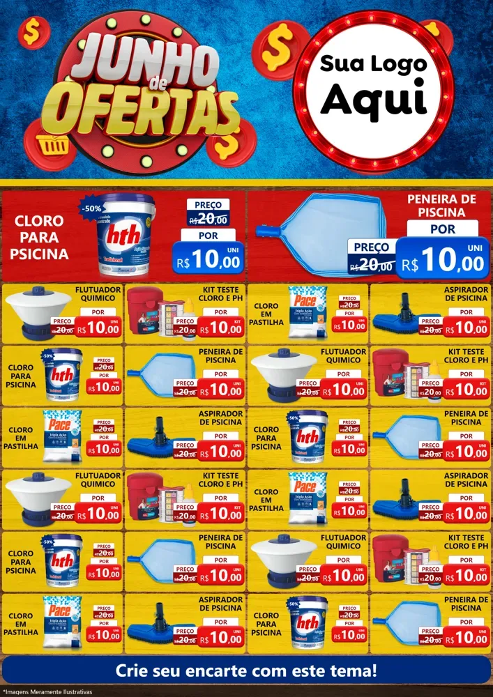 Modelo de Encarte para Encarte A4 Vertical com o tema Junho de Ofertas para Produtos para Piscina