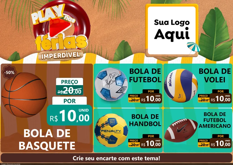 Modelo de Encarte para Encarte A4 Horizontal com o tema Play Nas Férias Imperdível para Artigos Esportivos