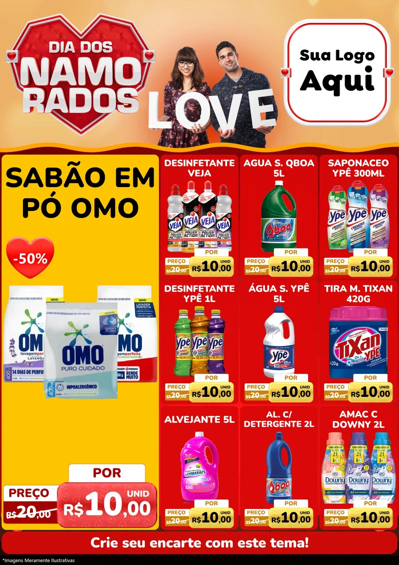 Modelo de Encarte para Encarte A4 Vertical com o tema Dia dos Namorados para Produtos de Limpeza