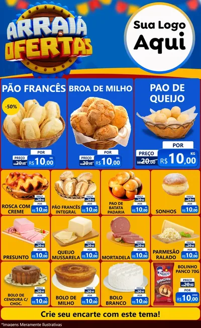 Modelo de Encarte para Encarte Grande com o tema Arraiá de Ofertas - Junina para Padaria
