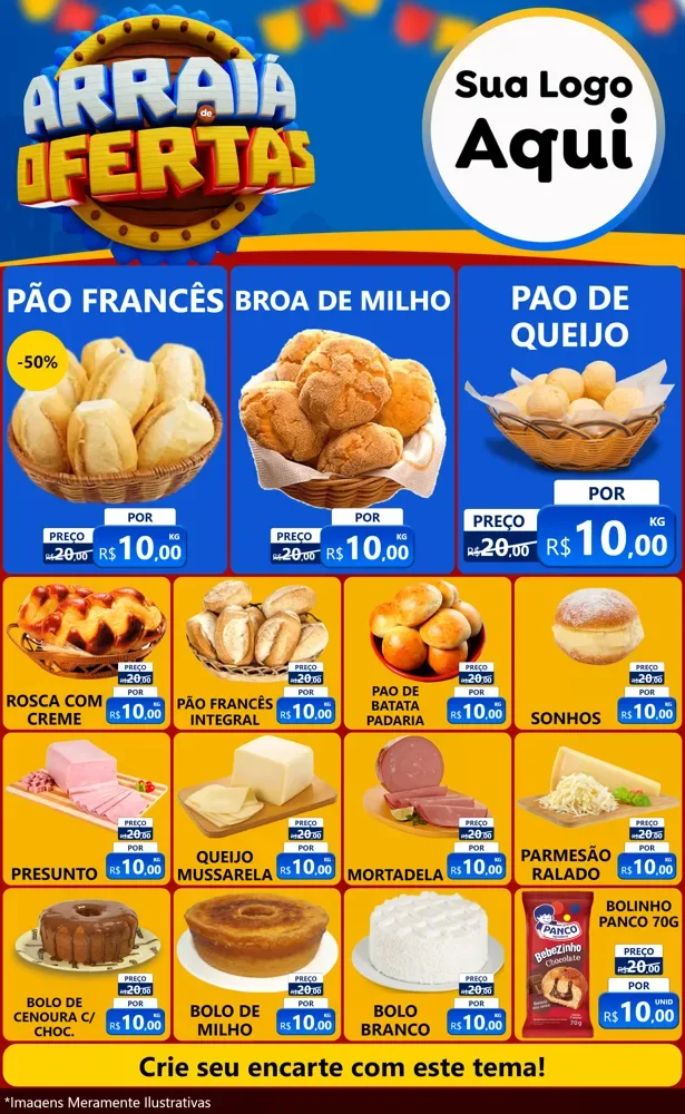 Modelo de Encarte para Encarte Grande com o tema Arraiá de Ofertas - Junina para Padaria
