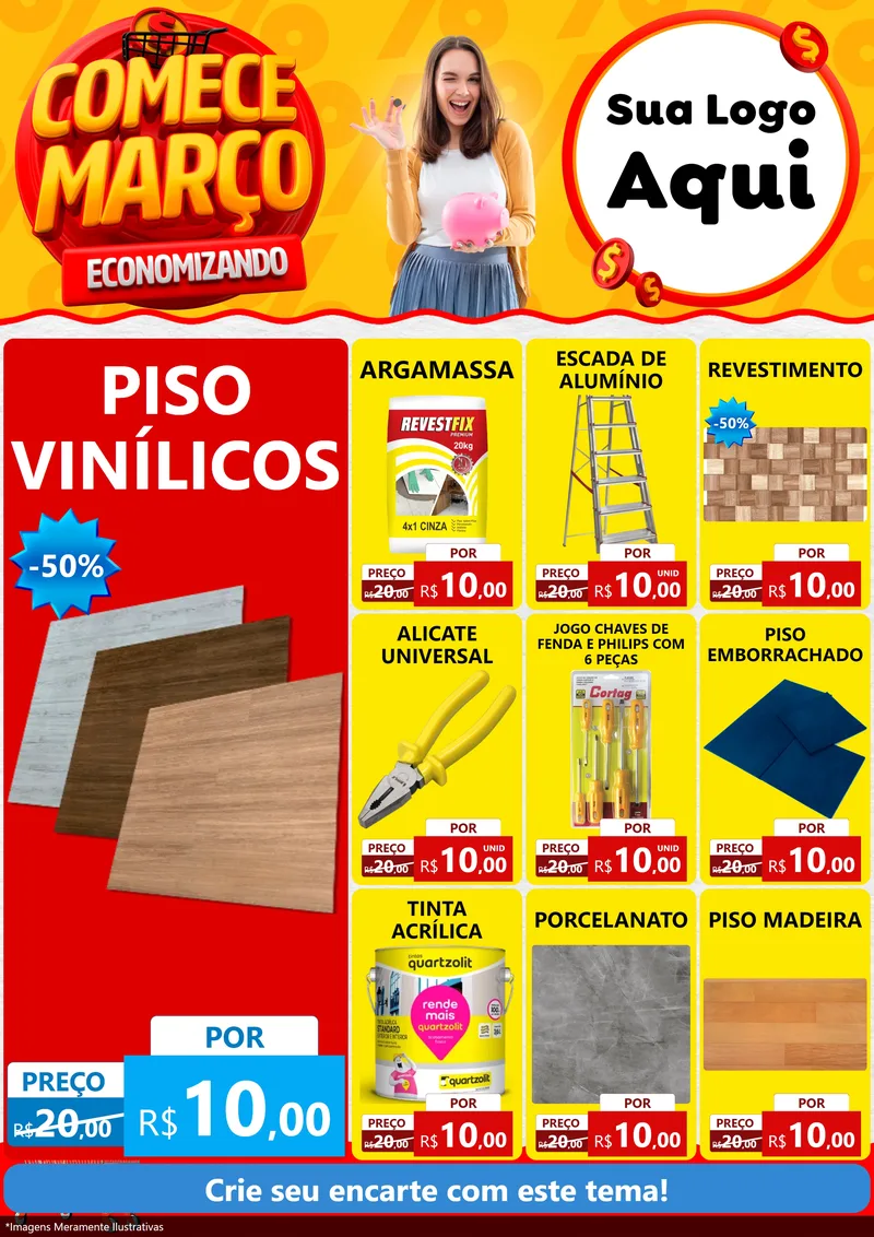 Modelo de Encarte para Encarte A4 Vertical com o tema Comece Março Economizando para Material para Construção