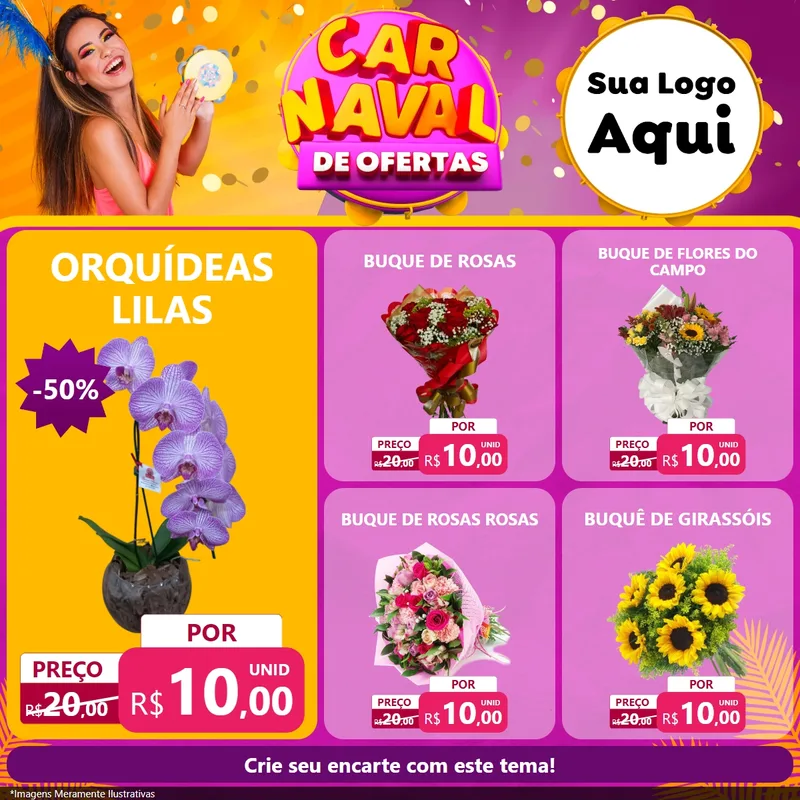 Modelo de Rede Social para Feed Facebook com o tema Carnaval de Ofertas para Floricultura e jardim