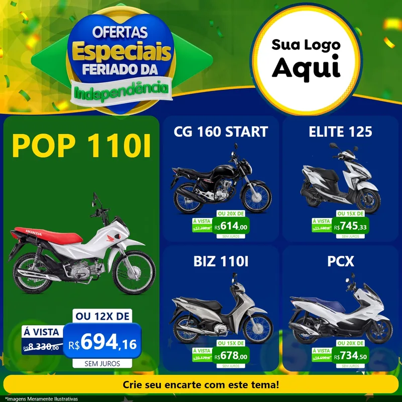 Modelo de Rede Social para Feed Facebook com o tema Ofertas Especiais Feriado da Independência para Concessionaria de Motos