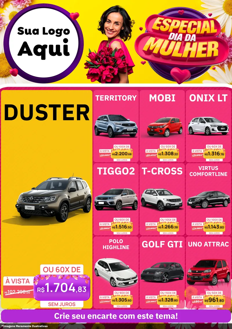 Modelo de Encarte para Encarte A4 Vertical com o tema Especial Dia da Mulher para Concessionaria de Carros