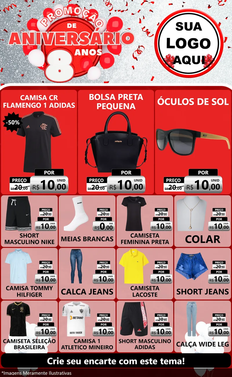 Modelo de Encarte para Encarte Grande com o tema Promoção de Aniversário - 8 Anos para Roupas e acessórios