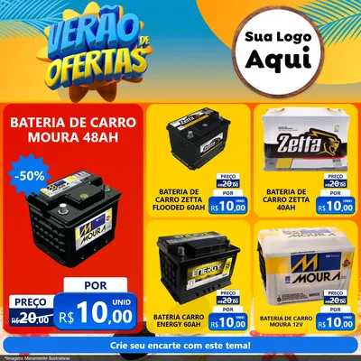Modelo de Rede Social para Feed Facebook com o tema Verão de Ofertas para Baterias Elétricas