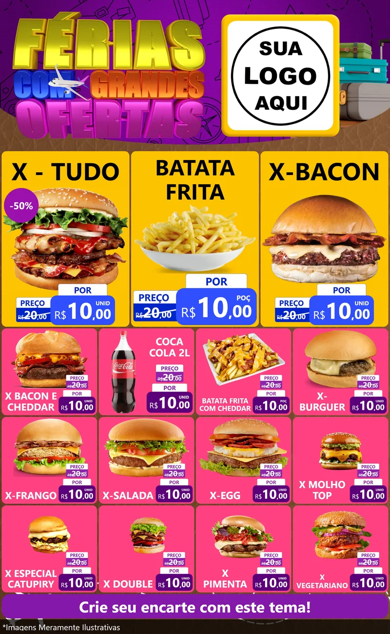 Modelo de Encarte para Encarte Grande com o tema Férias com Grandes Ofertas para Hamburgueria