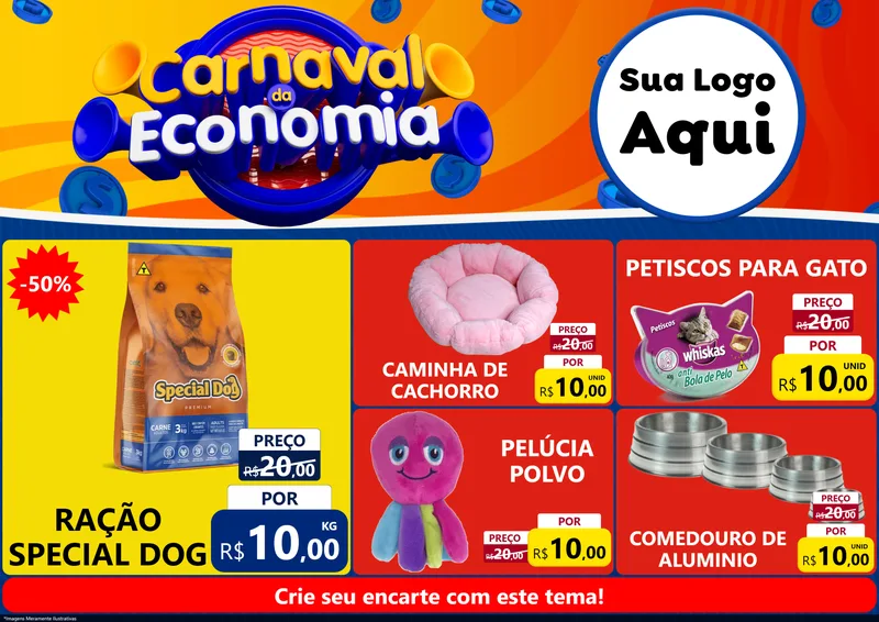 Modelo de Encarte para Encarte A4 Horizontal com o tema Carnaval da Economia para Pet Shop
