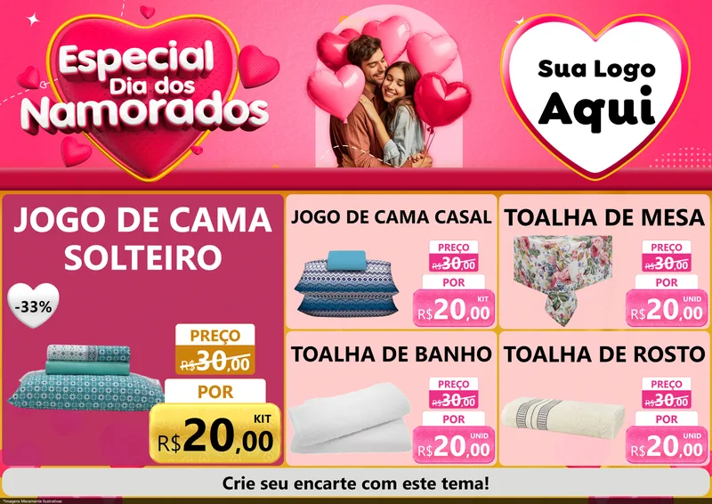 Modelo de Encarte para Encarte A4 Horizontal com o tema Especial Dia dos Namorados para Cama, Mesa e Banho